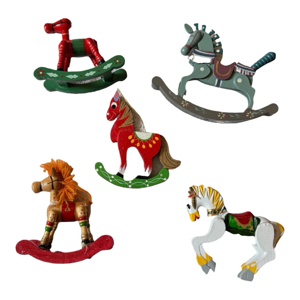 Vintage Taiwan Wood Rocking Horse Christmas Ornaments Lot 5 Hand Painted READ